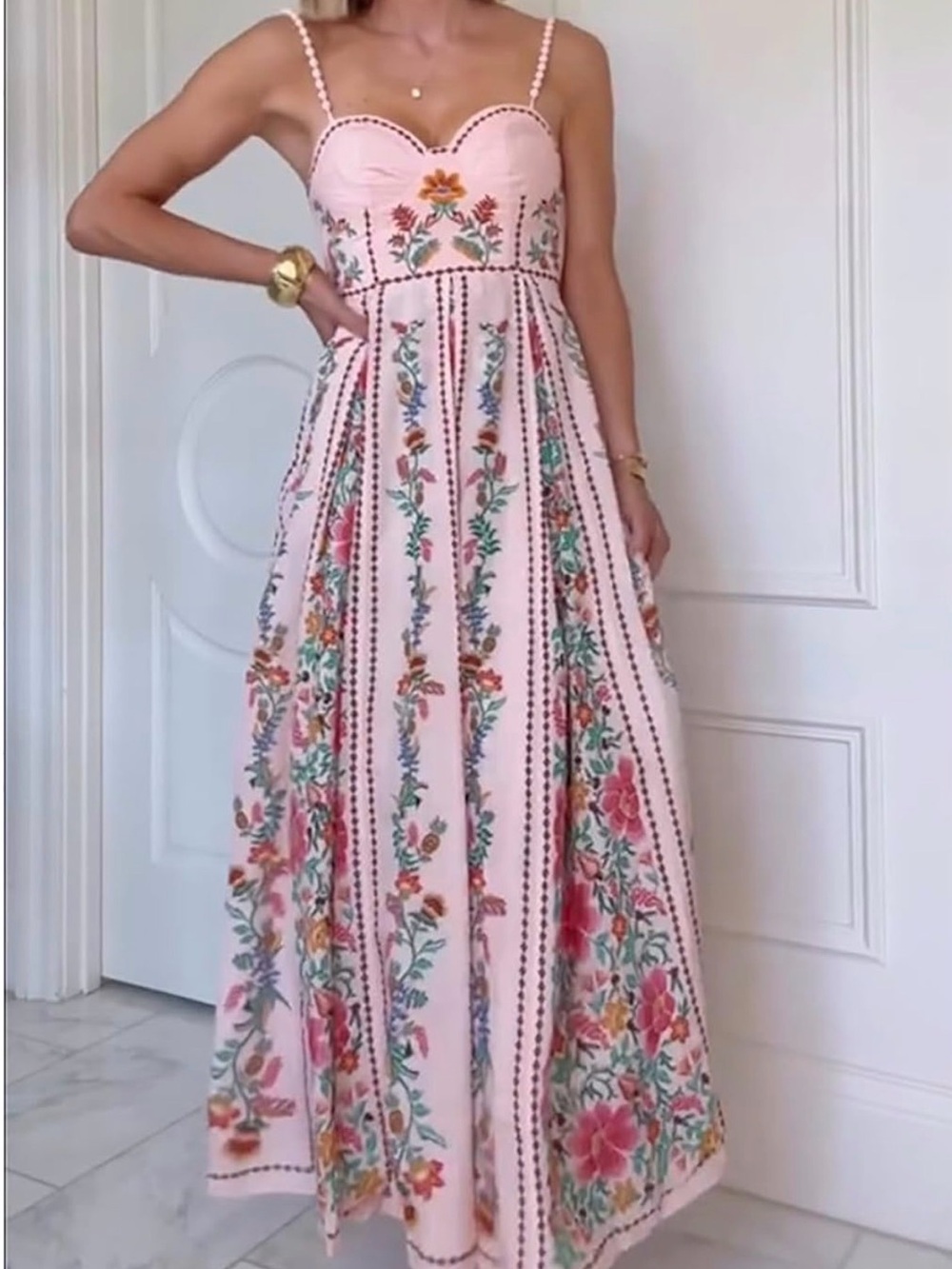 Farm Rio inspired Pink Floral Boho Spaghetti-Strap Maxi Dress